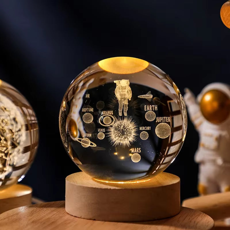 Crystal Ball Engraved Lamp with solar system laser-engraving, USB-powered warm light, and elegant wooden base. Perfect for bedroom decor, unique gifts, or creating a cosmic ambiance in any space.