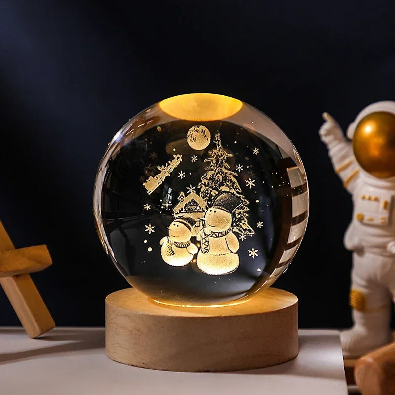 Crystal Ball Engraved Lamp with solar system laser-engraving, USB-powered warm light, and elegant wooden base. Perfect for bedroom decor, unique gifts, or creating a cosmic ambiance in any space.