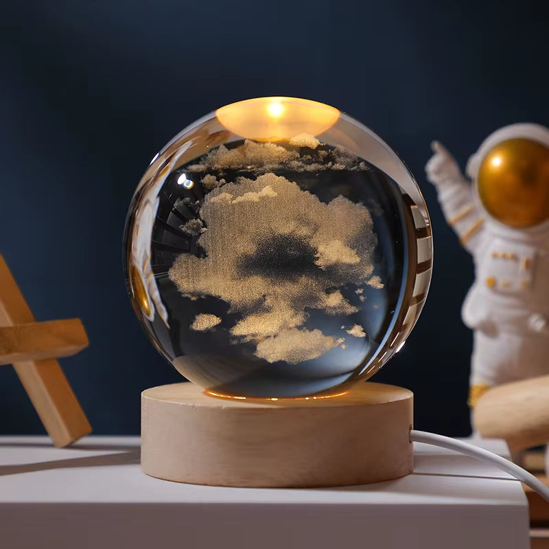 Crystal Ball Engraved Lamp with solar system laser-engraving, USB-powered warm light, and elegant wooden base. Perfect for bedroom decor, unique gifts, or creating a cosmic ambiance in any space.