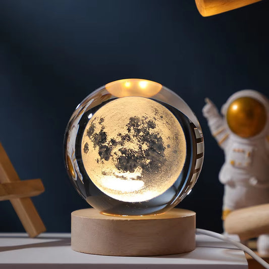 Crystal Ball Engraved Lamp with solar system laser-engraving, USB-powered warm light, and elegant wooden base. Perfect for bedroom decor, unique gifts, or creating a cosmic ambiance in any space.