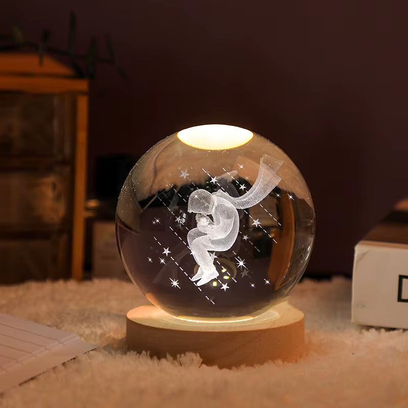 Crystal Ball Engraved Lamp with solar system laser-engraving, USB-powered warm light, and elegant wooden base. Perfect for bedroom decor, unique gifts, or creating a cosmic ambiance in any space.