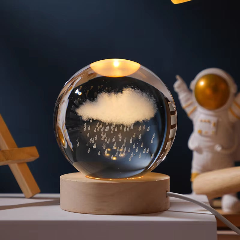 Crystal Ball Engraved Lamp with solar system laser-engraving, USB-powered warm light, and elegant wooden base. Perfect for bedroom decor, unique gifts, or creating a cosmic ambiance in any space.