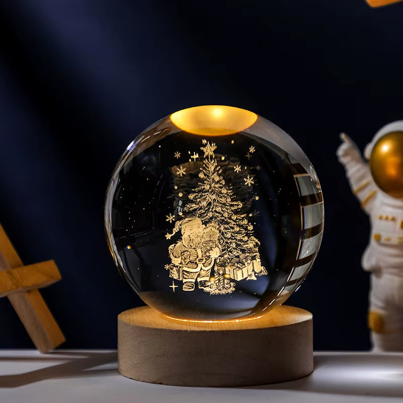 Crystal Ball Engraved Lamp with solar system laser-engraving, USB-powered warm light, and elegant wooden base. Perfect for bedroom decor, unique gifts, or creating a cosmic ambiance in any space.