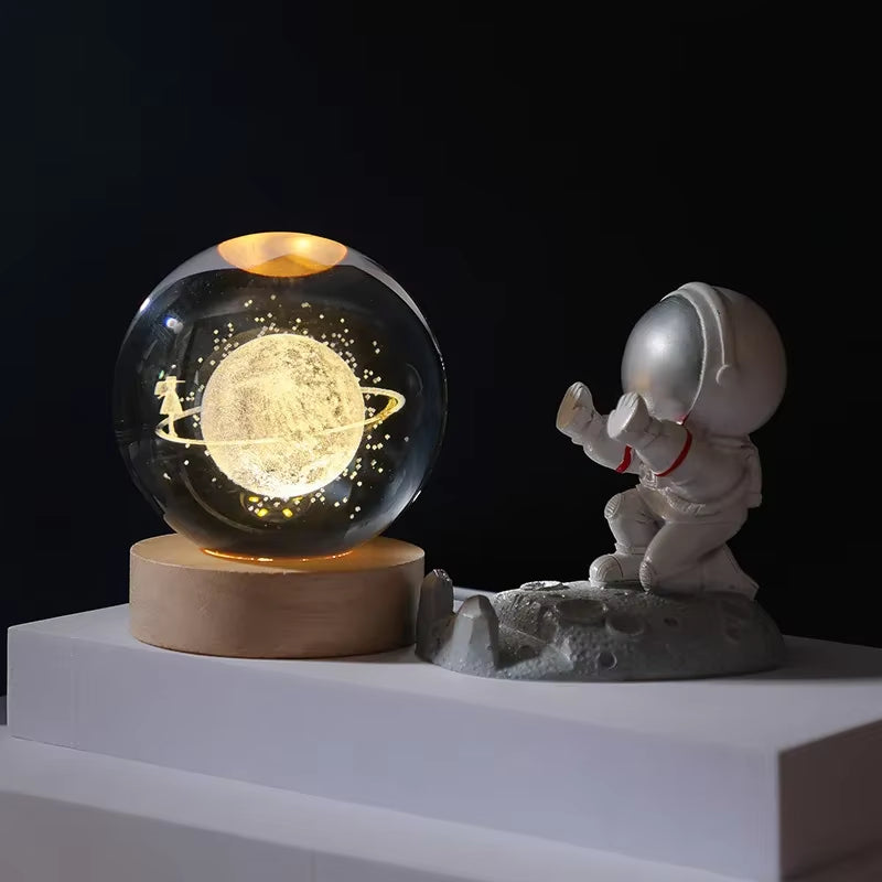 Crystal Ball Engraved Lamp with solar system laser-engraving, USB-powered warm light, and elegant wooden base. Perfect for bedroom decor, unique gifts, or creating a cosmic ambiance in any space.